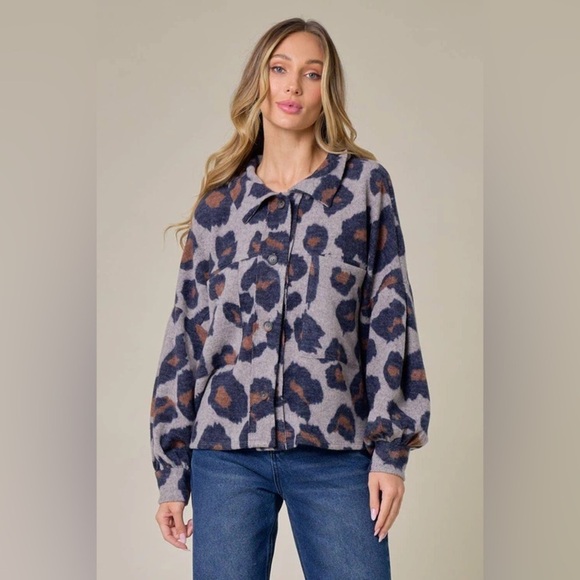 Saints & Hearts Sweaters - Saints & Hearts Gray and Brown Leopard Patterned Oversized Boxy Sweater Cardigan